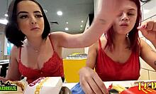 Tattooed angel Duda pimentinha and other new girls get ready for sex in a McDonald's store